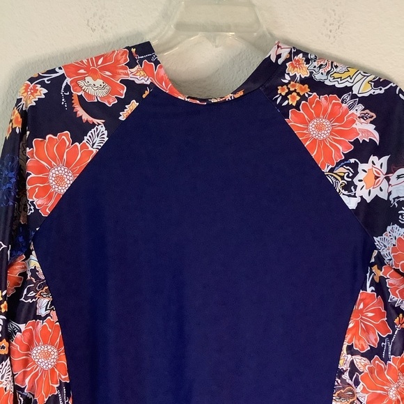 HANNA NIKOLE Plus Size One-Piece Rash Guard Swimsuit Long Sleeve Colorblock Blue - Picture 9 of 12